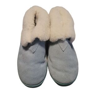 RJ's Fuzzies Womens Blue Suede‎ Sheepskin Lined Bootie Slippers 8 Leather Sherpa
